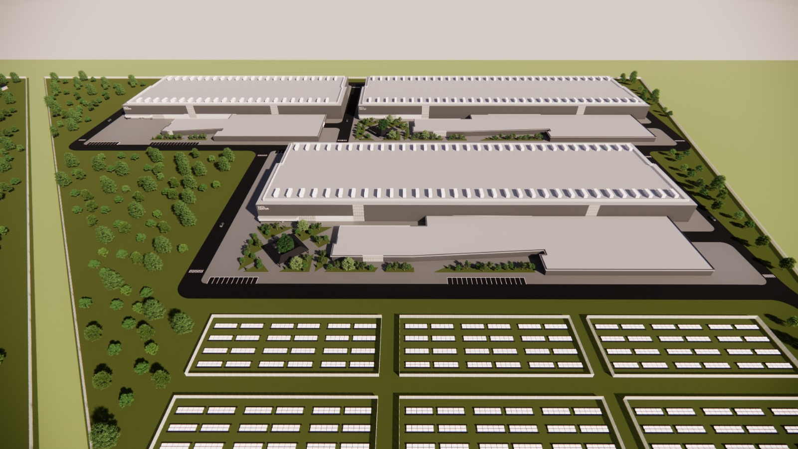Aerial concept render of repeatable data center buildings and external infrastructure